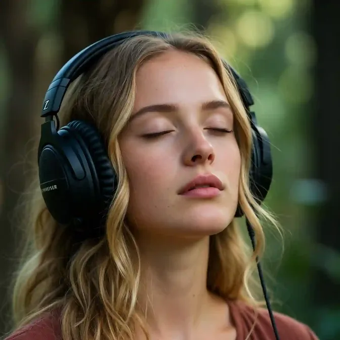 Vrouw luistert met gesloten ogen naar 3D-audio via een hoofdtelefoon