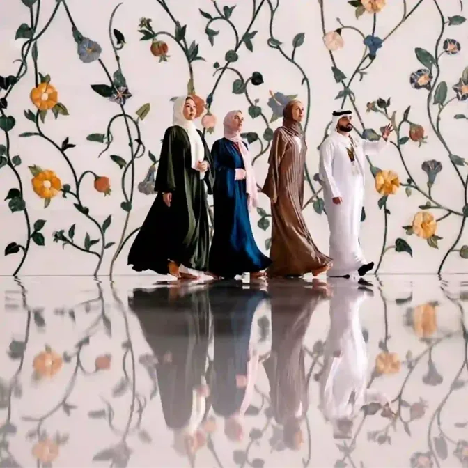 Bezoekers lopen door de Sheikh Zayed Grand Mosque