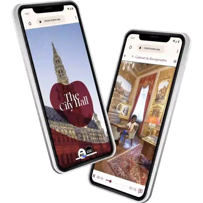 Toeristische app van Orpheo voor het stadhuis van Brussel op twee smartphones